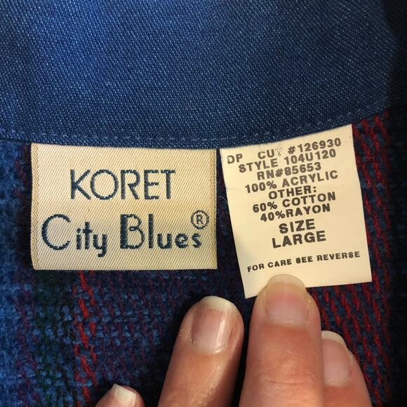 VTG 90s Koret City Blues Plaid Knit Zip Up Top Denim Collar Blue Green Red Large - Picture 7 of 8